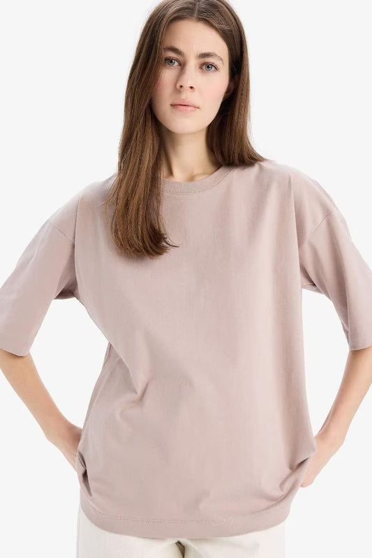 Oversize Fit Crew Neck Basic Cotton T-Shirt - - stone