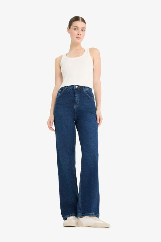 90's Wide Leg High Waist Long Washed Jeans - - Navy