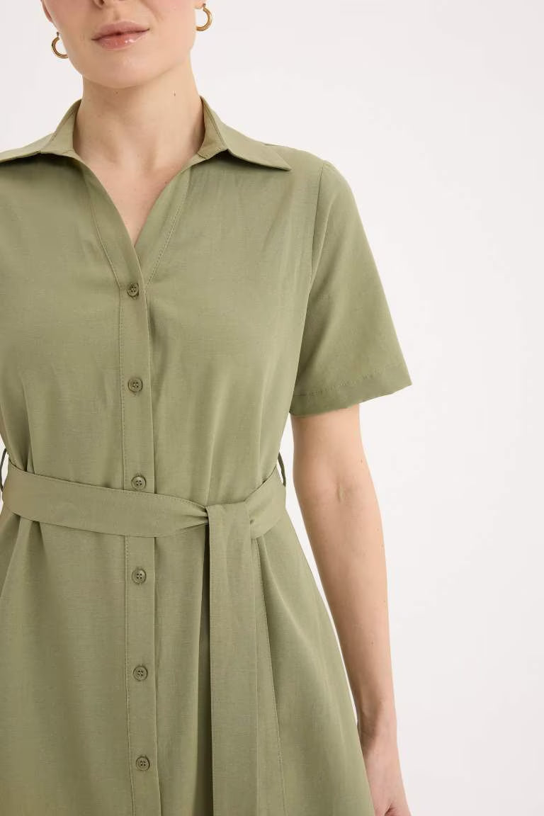 A Cut Shirt Collar Poplin Short Sleeve Midi Dress - - khaki
