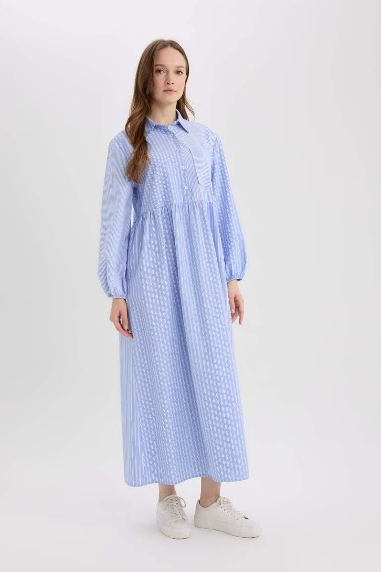 Relax Fit Shirt Collar Patterned Poplin Long Sleeve Maxi Dress - -