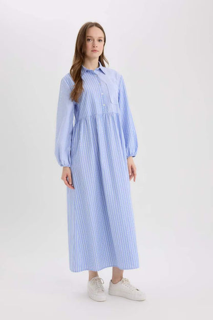 Relax Fit Shirt Collar Patterned Poplin Long Sleeve Maxi Dress - -