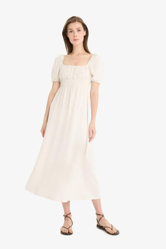 Square Collar Linen Blend Short Sleeve Midi Dress - -