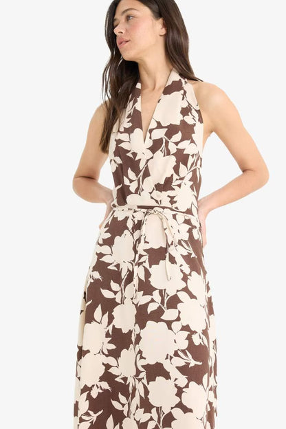 Linen Blend Halter Neck Floral Patterned Maxi Dress - - Floral