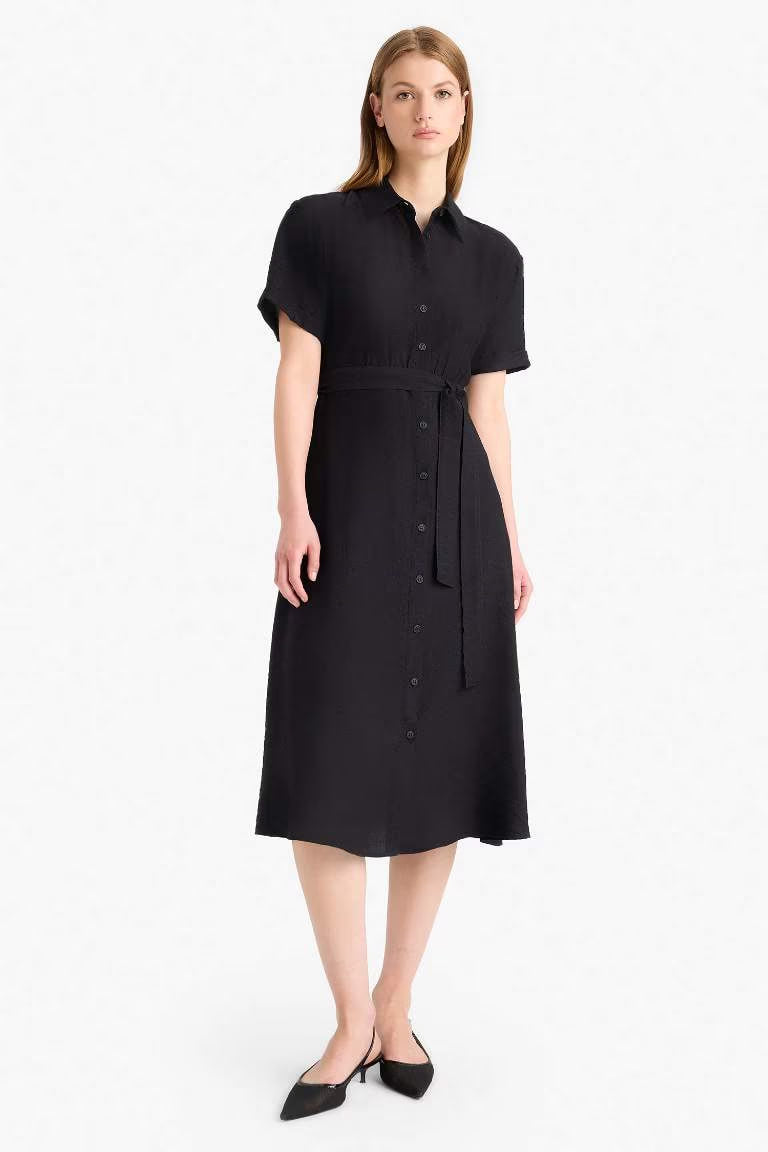 Shirt Collar Belted Short Sleeve Red Midi Dress - - Black