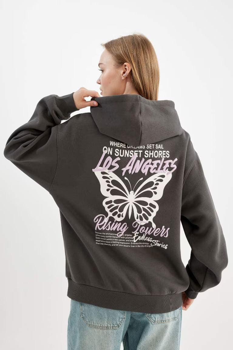 Oversize Fit Hooded Printed Thick Sweatshirt - -