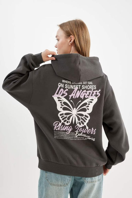 Oversize Fit Hooded Printed Thick Sweatshirt - -