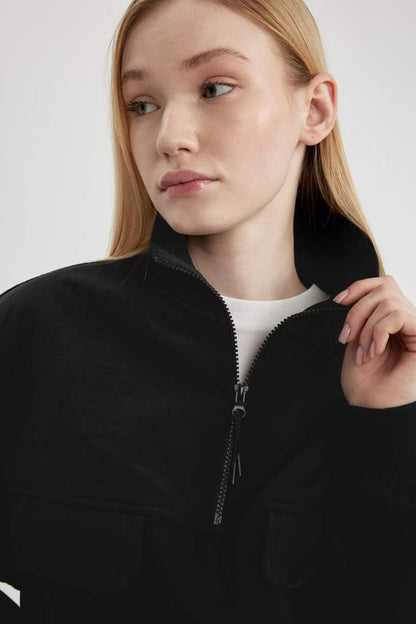 Zipper Collar Thick Fabric Crop Sweatshirt - - Black
