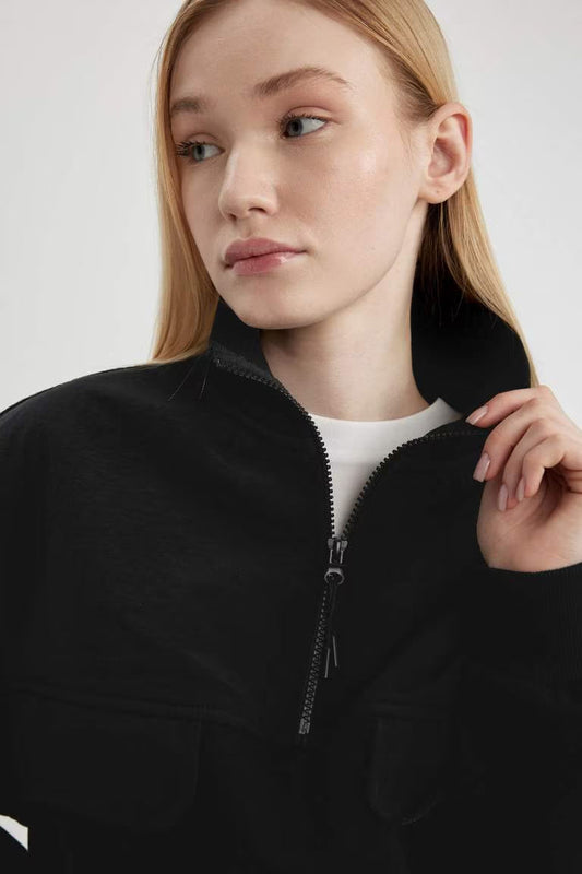 Zipper Collar Thick Fabric Crop Sweatshirt - - Black