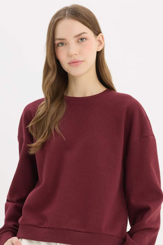 Regular Fit Crew Neck Thick Basic Sweatshirt - - bordeaux