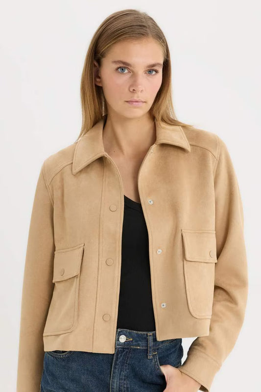 Regular Fit Polo Neck Suede Jacket - - Beige