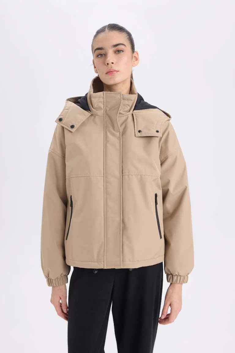 Hooded Zippered Snap Pocket Waterproof Jacket - -