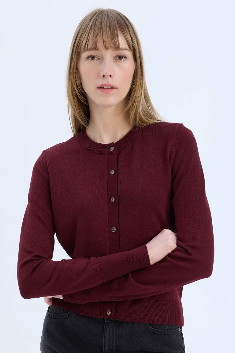 Regular Fit Crew Neck Cardigan - - bordeaux