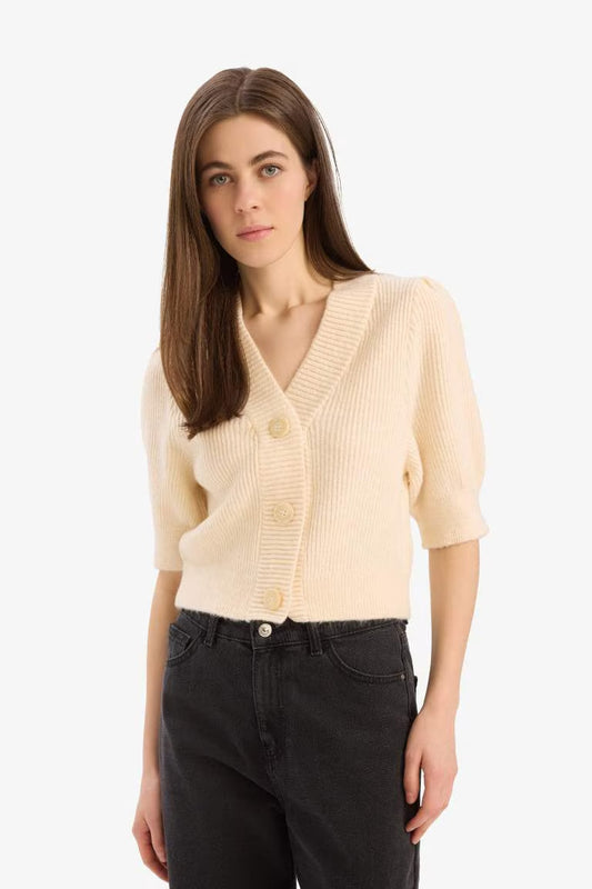 Slim Fit V-Neck Knitwear Cardigan - - Yellow