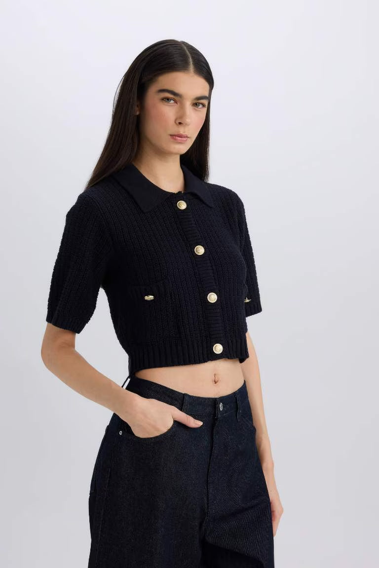 Crop Shirt Collar Cardigan - - Navy