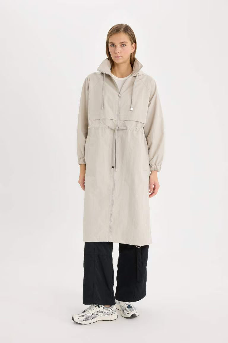 Hooded Zipper Closure Pocket Drawstring Waist Long Waterproof Raincoat - - Heather