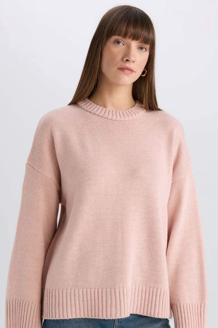 Oversize Fit Crew Neck Basic Knitted Pullover - - Pink