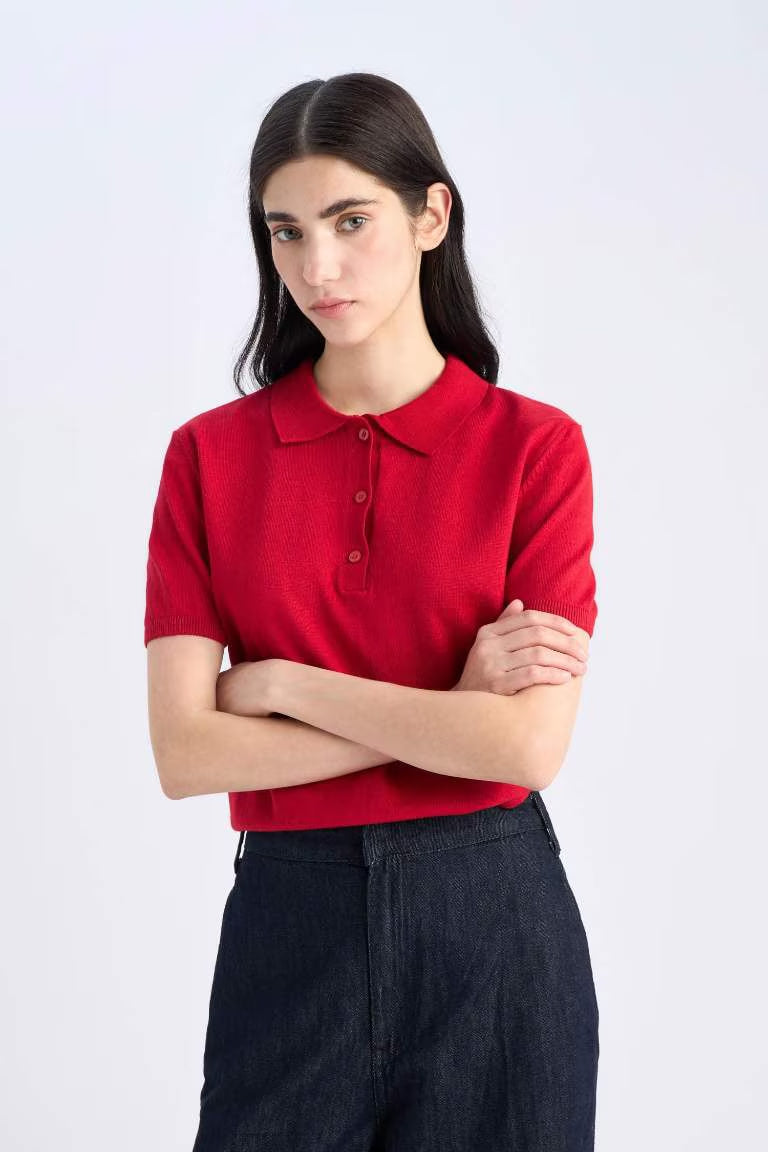 Regular Fit Polo Collar Knitwear Pullover - - Red