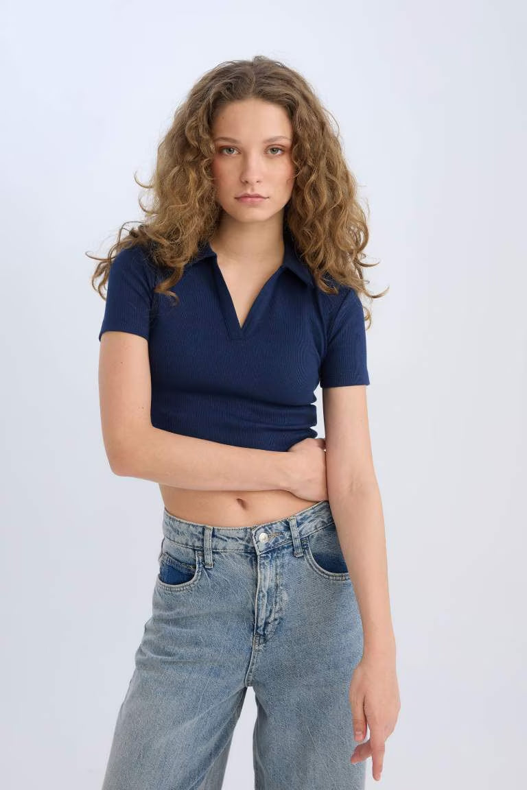 Slim Fit Polo Collar Camisole Short Sleeve T-Shirt - - Navy