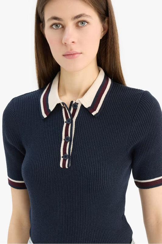 Regular Fit Polo Collar Ribana Pullover - - Navy