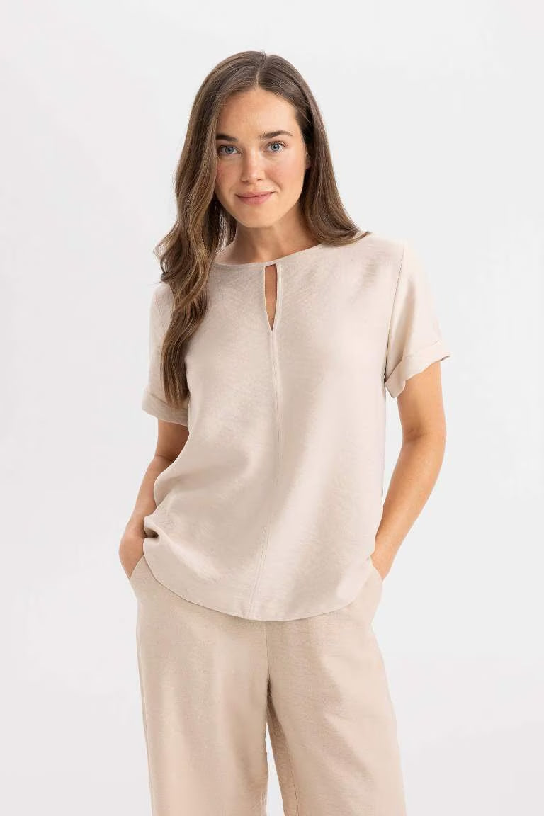 Regular Fit Round Collar Short Sleeve Blouse - - Beige