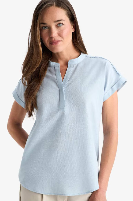 Regular Fit Flam Cotton Short Sleeve Blouse - - sky