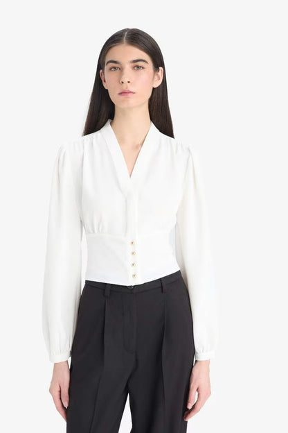 Slim Fit V-Neck Long Sleeve Blouse - -