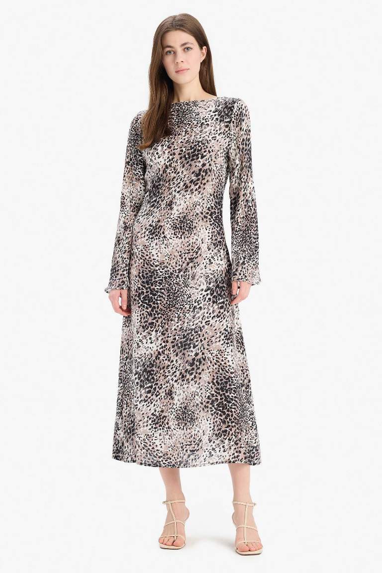 A Cut Ruffle Collar Animal Patterned Midi Dress - -