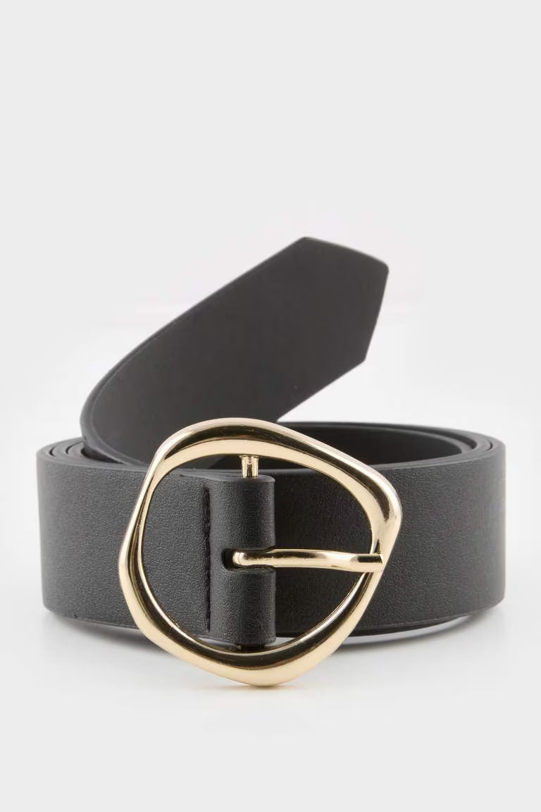 Woman Oval Buckle Faux Leather Denim Belt - - Black