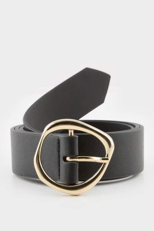 Woman Oval Buckle Faux Leather Denim Belt - - Black