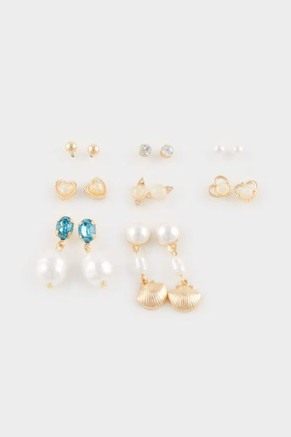 Woman 12 Piece Pearl Gold Earrings - -