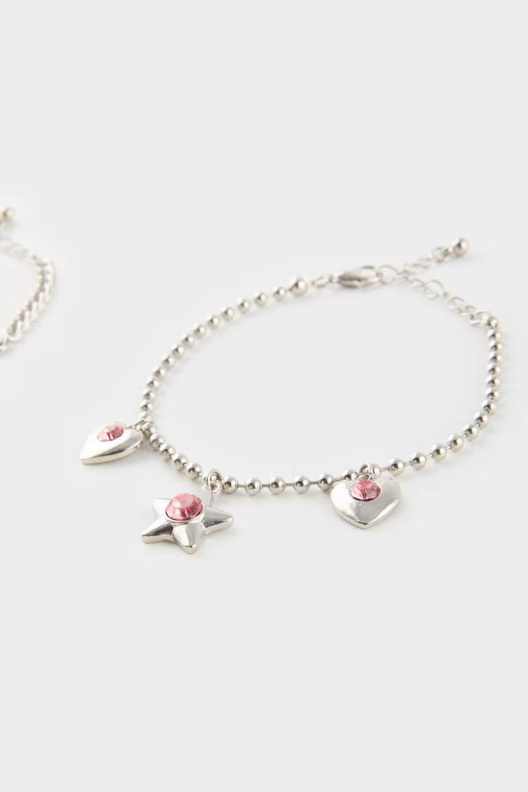 Woman Pink Stone 3 Piece Silver Bracelet - -