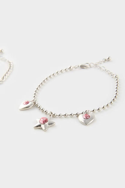 Woman Pink Stone 3 Piece Silver Bracelet - -