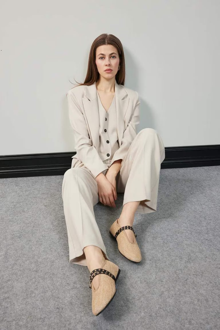 Woman Double Strap Straw Ballerina Flat Shoes - -