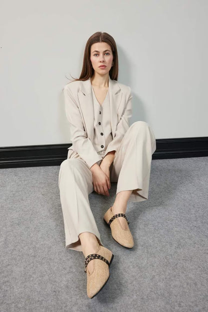 Woman Double Strap Straw Ballerina Flat Shoes - -
