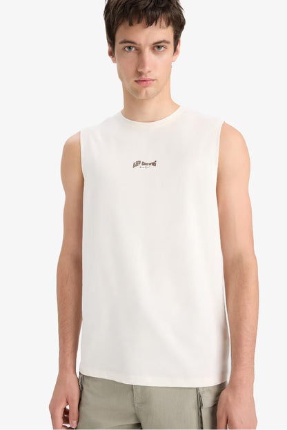 Cotton Regular Fit Printed Crew Neck Tank Top - -