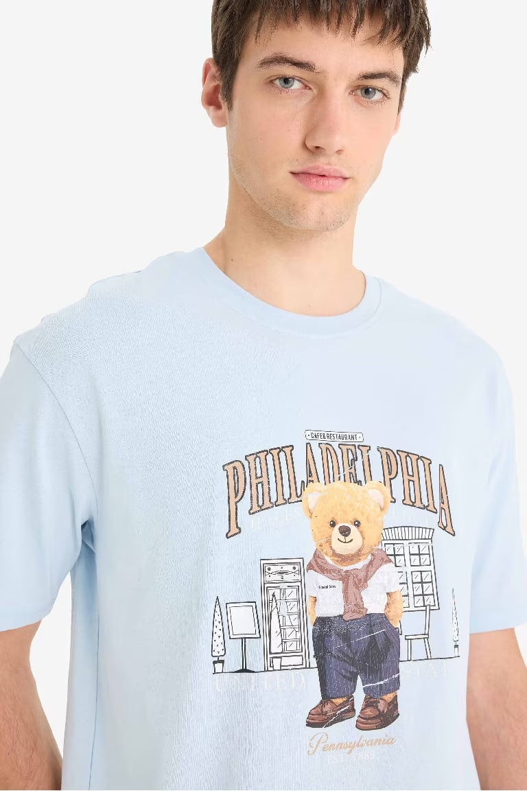 Cotton Boxy Fit Crew Neck Printed T-shirt - -