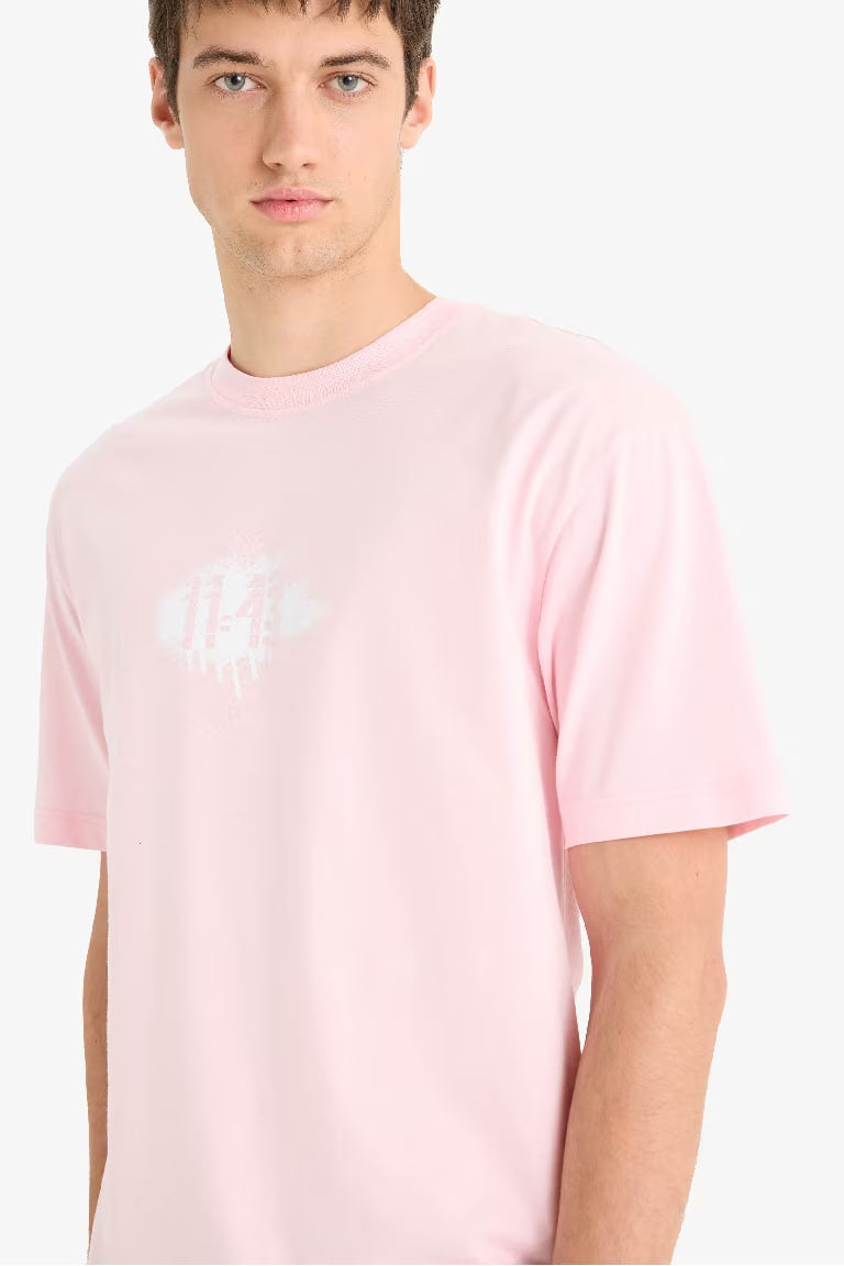 Cotton Boxy Fit Crew Neck Printed T-Shirt - - Pink
