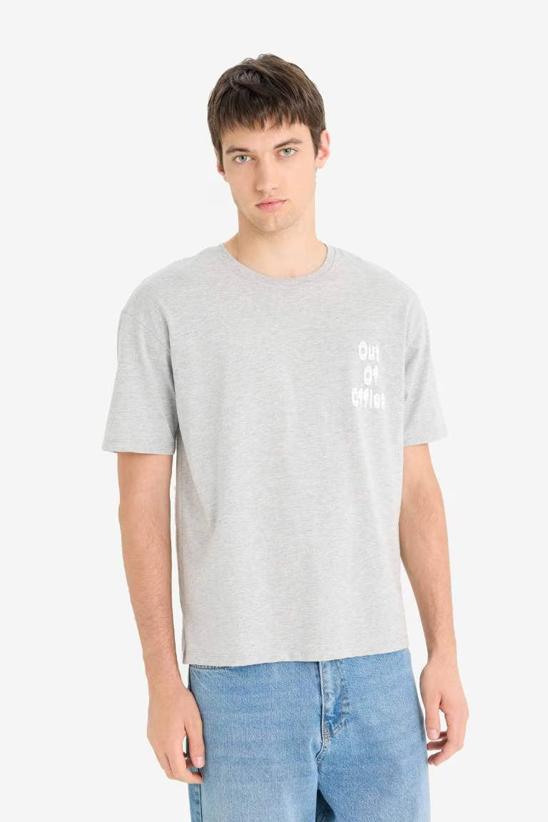 Boxy Fit Crew Neck Printed Short Sleeve T-Shirt - - Heather