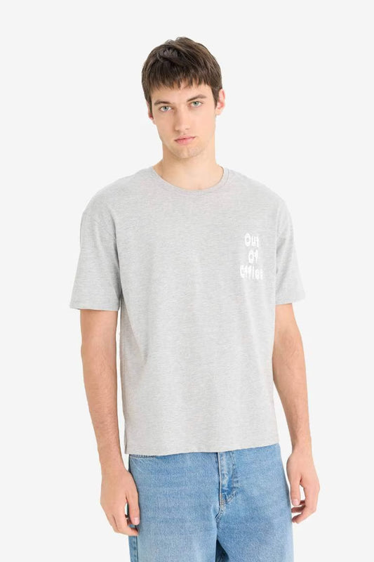 Boxy Fit Crew Neck Printed Short Sleeve T-Shirt - - Heather