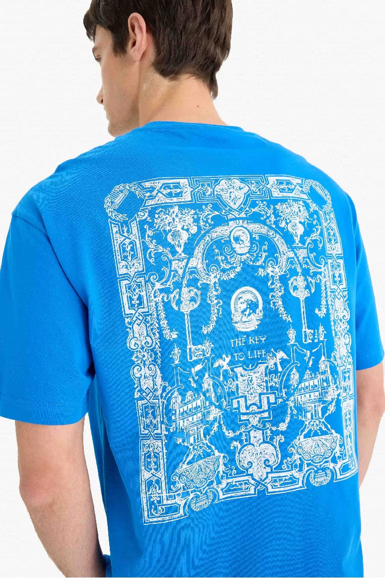 Boxy Fit Crew Neck Back Printed Cotton T-Shirt - -