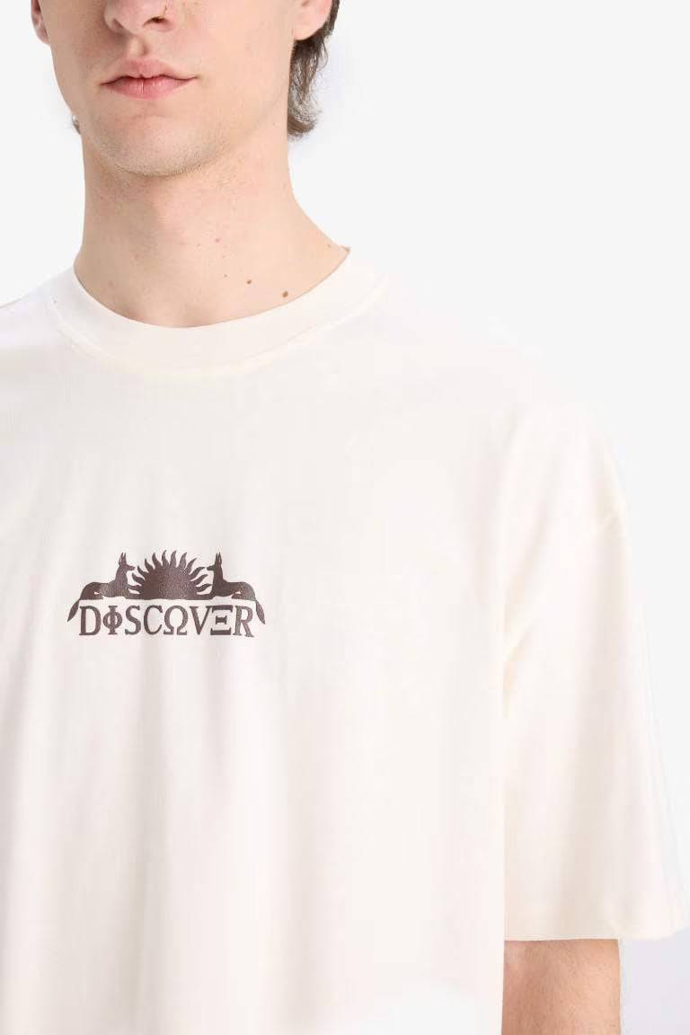 Oversize Fit Crew Neck Back Printed Short Sleeve T-Shirt - -