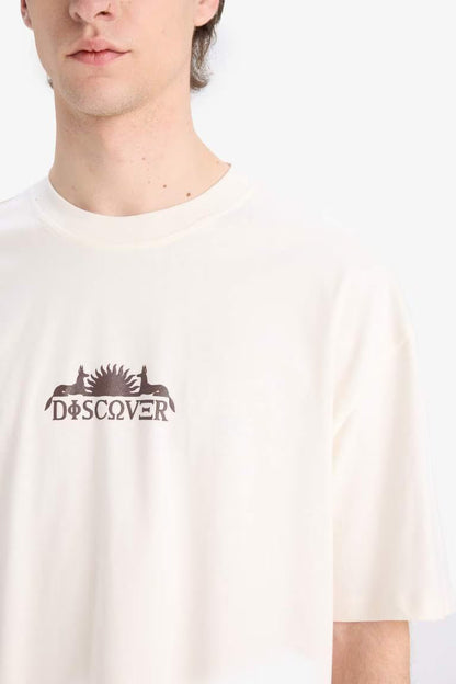 Oversize Fit Crew Neck Back Printed Short Sleeve T-Shirt - -