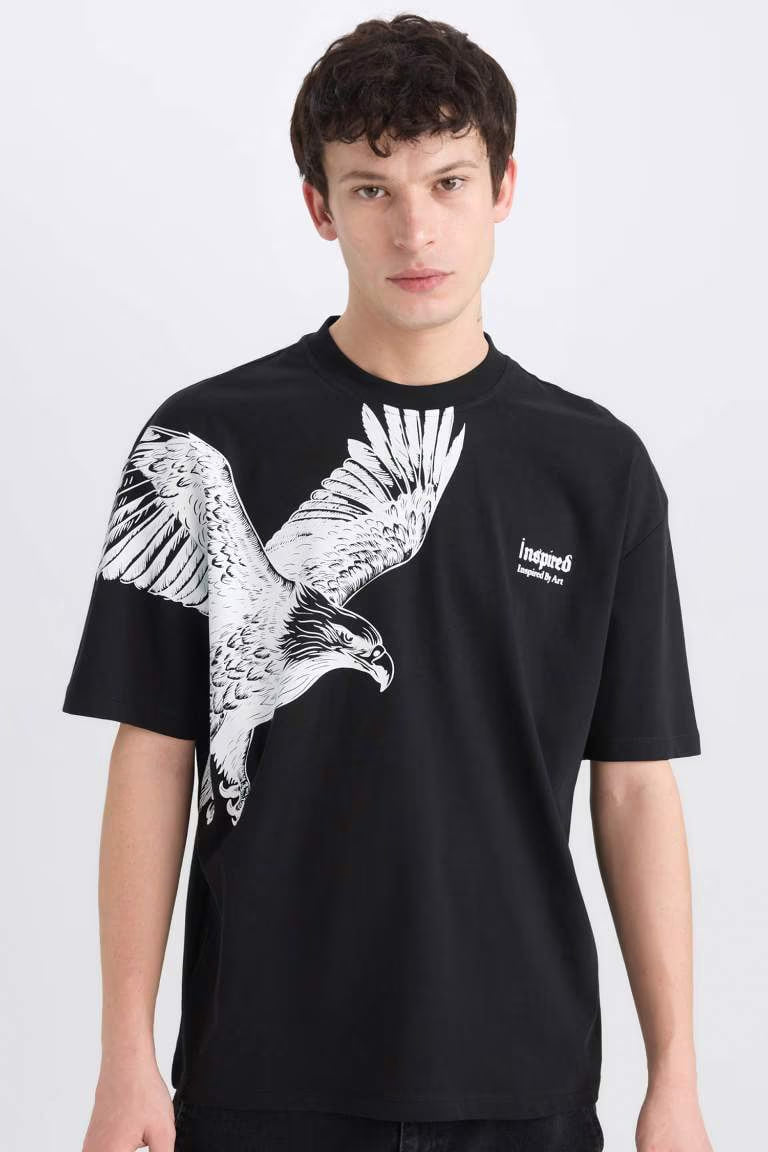 Oversize Fit Crew Neck Printed T-Shirt - - Black