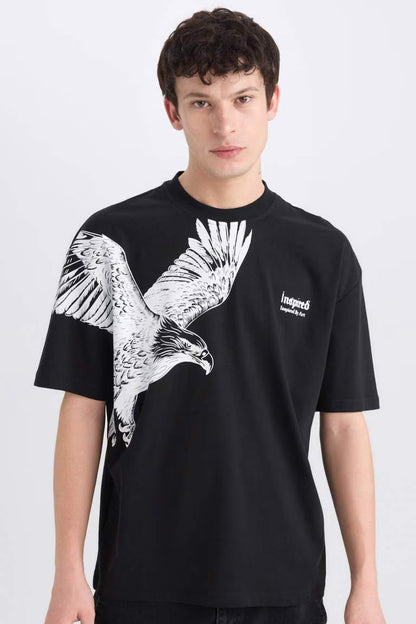 Oversize Fit Crew Neck Printed T-Shirt - - Black