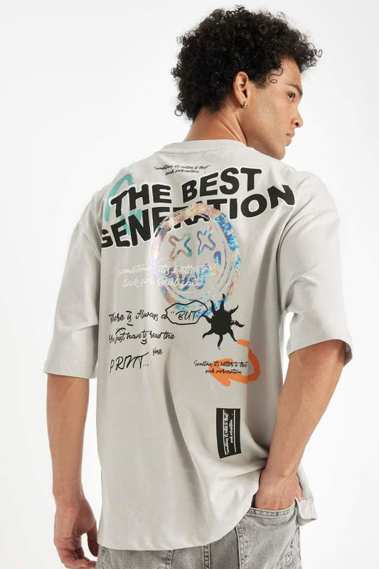 Loose Fit Crew Neck Back Printed T-Shirt - -