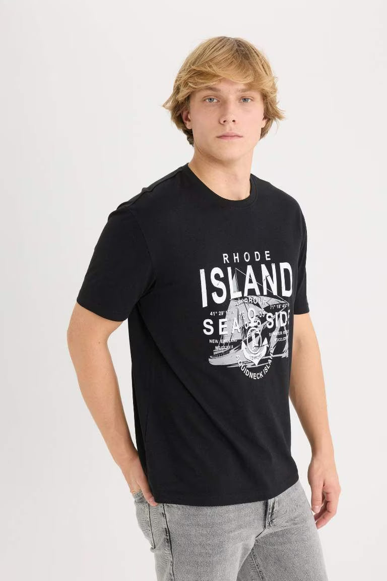 Regular Fit Crew Neck Printed Short Sleeve T-Shirt - - Black