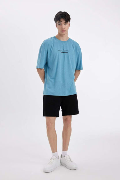Oversize Fit Crew Neck Printed T-Shirt - - Blue