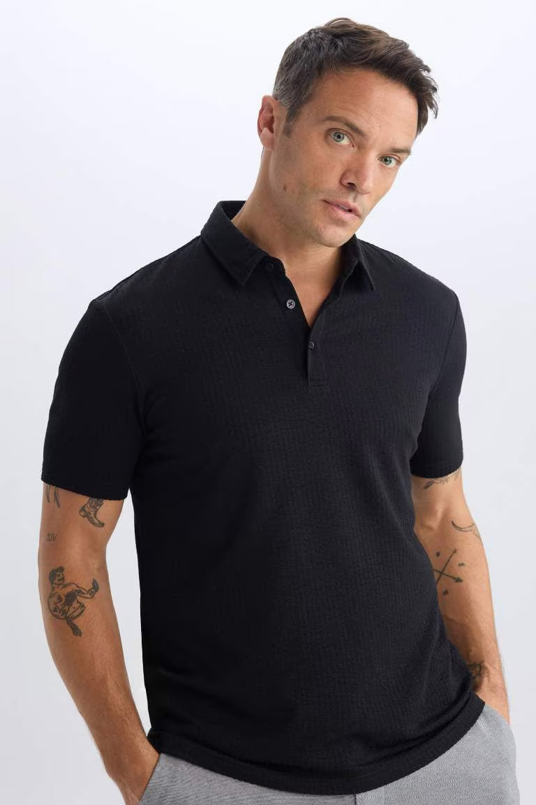 Slim Fit Cotton Short Sleeve Polo T-Shirt - - Black