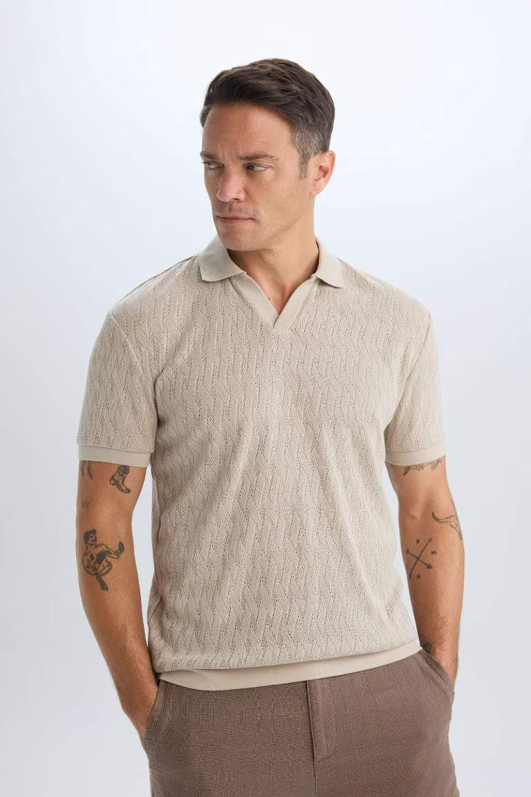 Regular Fit Knitting Look Polo T-Shirt - - Beige