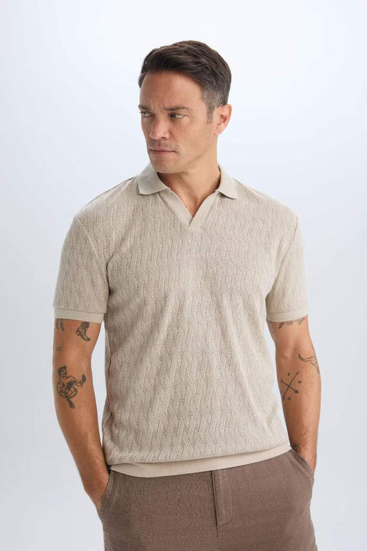 Regular Fit Knitting Look Polo T-Shirt - - Beige